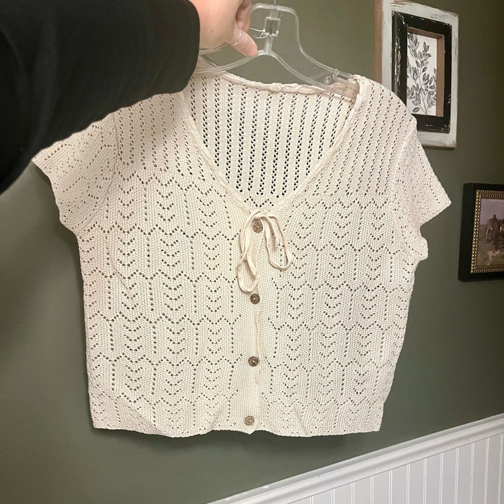 Eyelet cropped button up cardigan